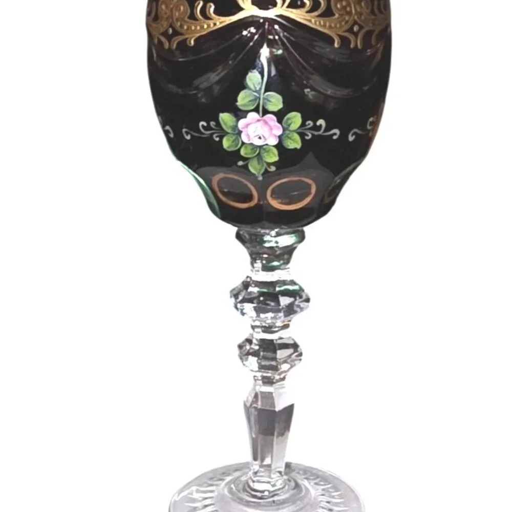 Bohemian Cut To Clear Crystal Hand Painted Goblet With Gold Trim & Floral Detail